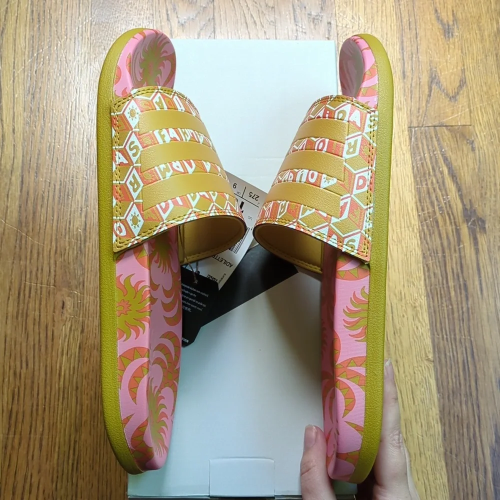 NIB FARM Rio Slide Sandals Adidas Collab Pink Abstract Floral Women's Size 10